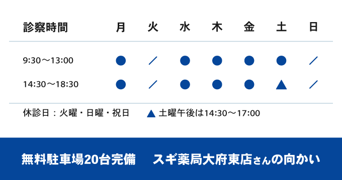 【診察時間】平日9：30～13：00、14：30～18：30/土曜9：30～13：00、14：30～17：00【休診日】火曜・日曜・祝日　無料駐車場20台完備
